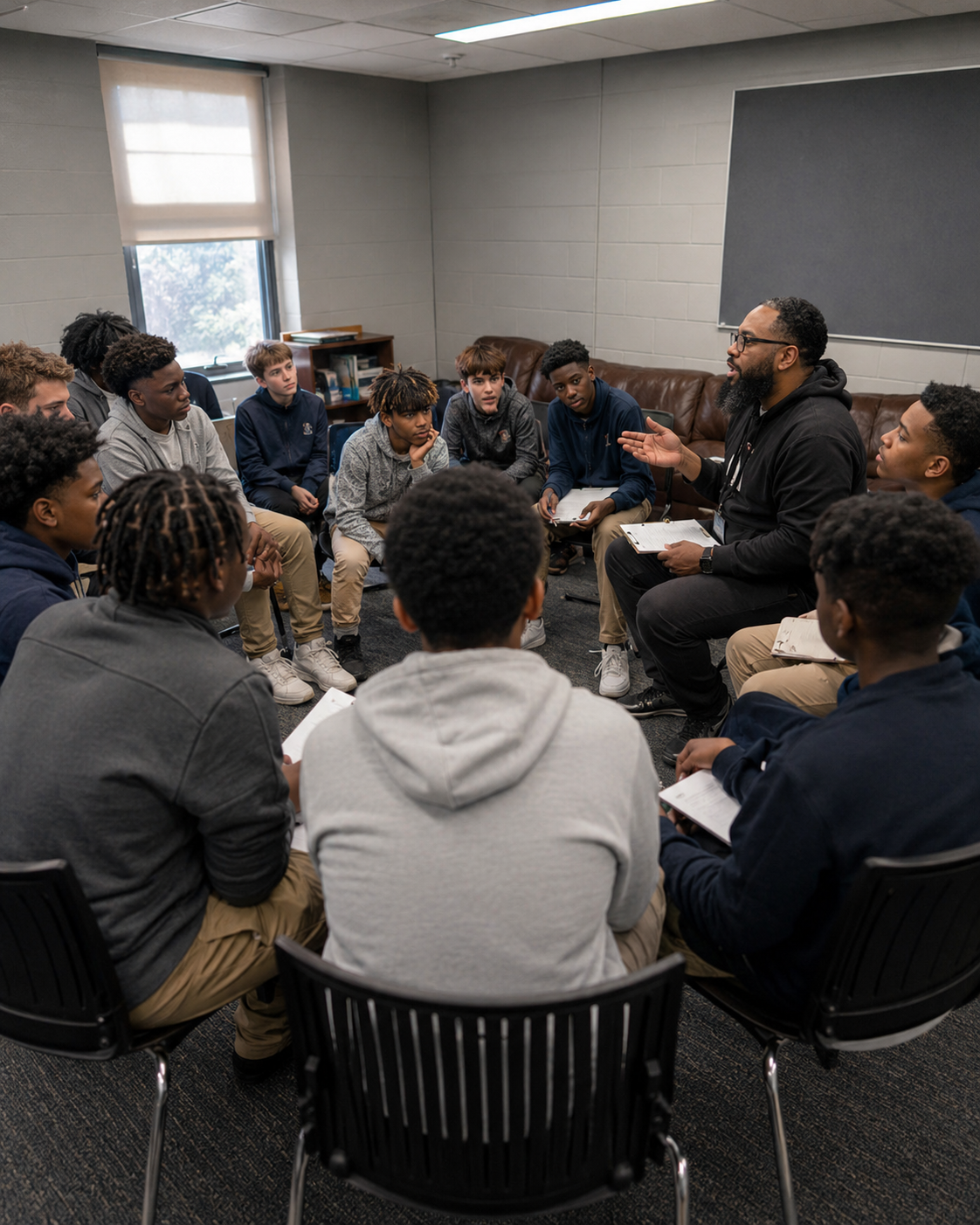 Boys in a structured group session with an MRSS facilitator